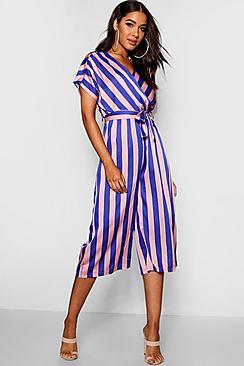 Boohoo Wrap Tie Detail Wide Stripe Culotte Jumpsuit