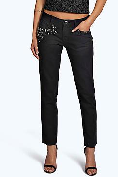 Boohoo Elle Embellished Pocket Mid Rise Skinny Jeans