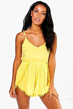 Boohoo Ava Pom Pom Trim Playsuit