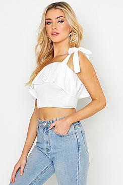 Boohoo Shirred Frill Detail Woven Crop Top