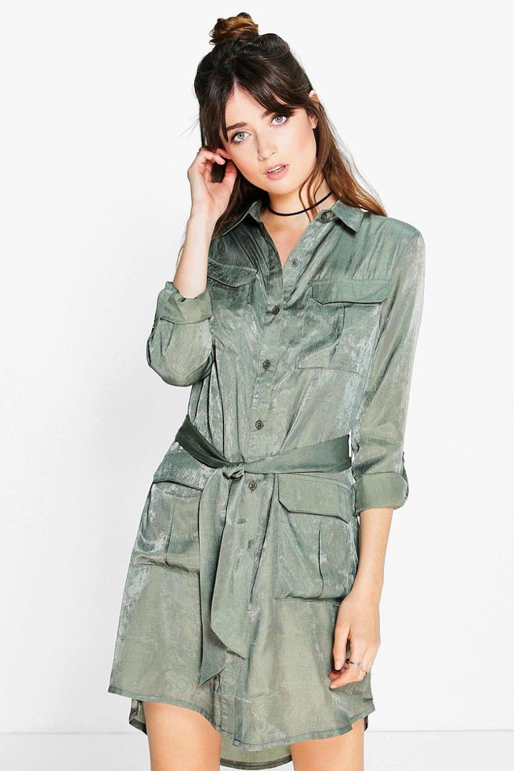 Boohoo Joanie Utility Pocket Shirt Dress Moss
