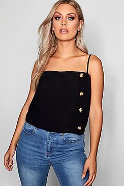 Boohoo Plus Linen Horn Button Detail Square Neck Cami