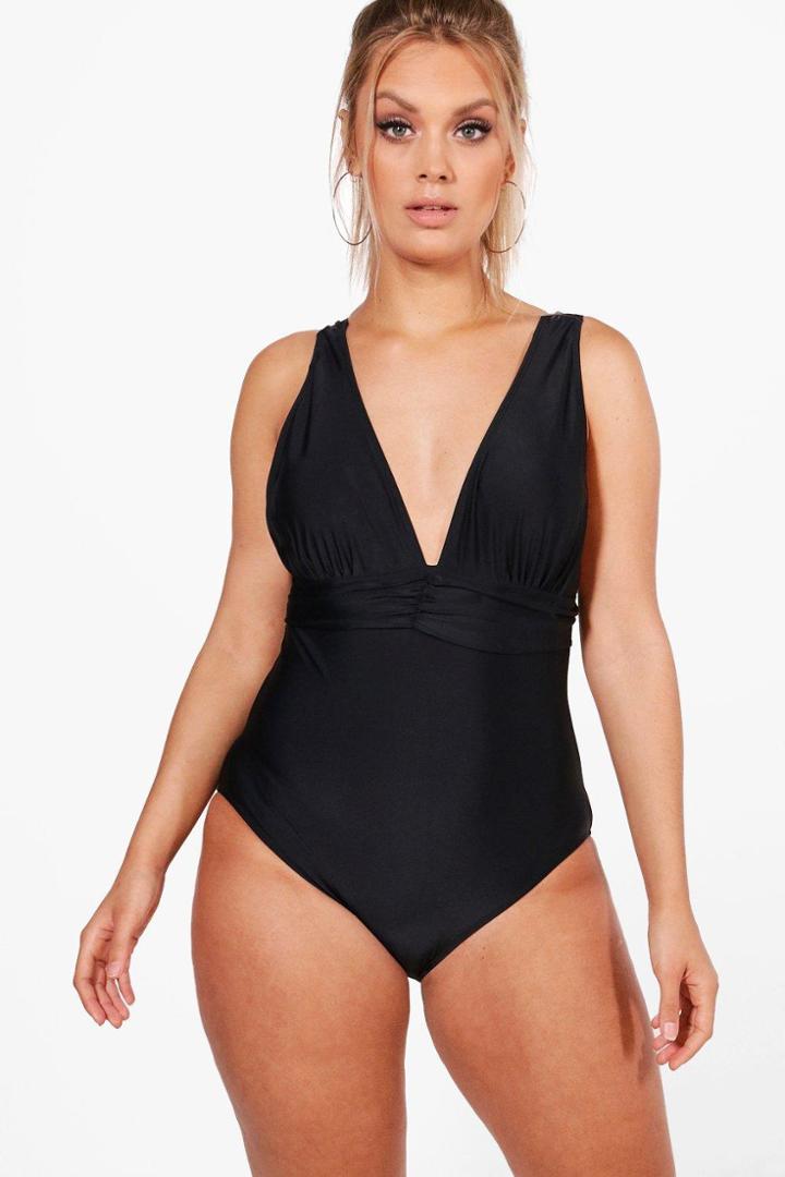 Boohoo Plus Emily Ruched Waist Deep Plunge Bathing Suit Black