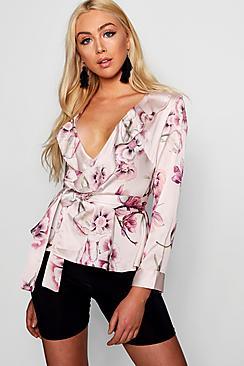 Boohoo Charlotte Floral Satin Ruffle Wrap Blouse