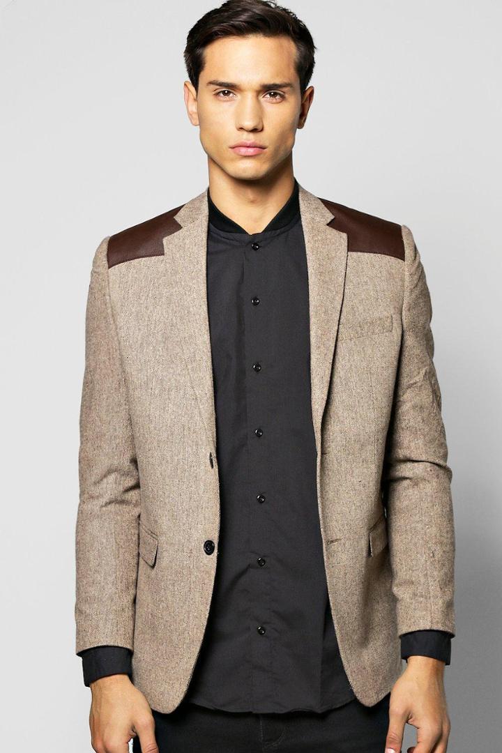 Boohoo Slim Fit Pu Patch Tweed Blazer Brown