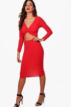 Boohoo Rylie Knot And Cut Out Detail Midi Dress