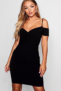 Boohoo Knot Front Off The Shoulder Dress