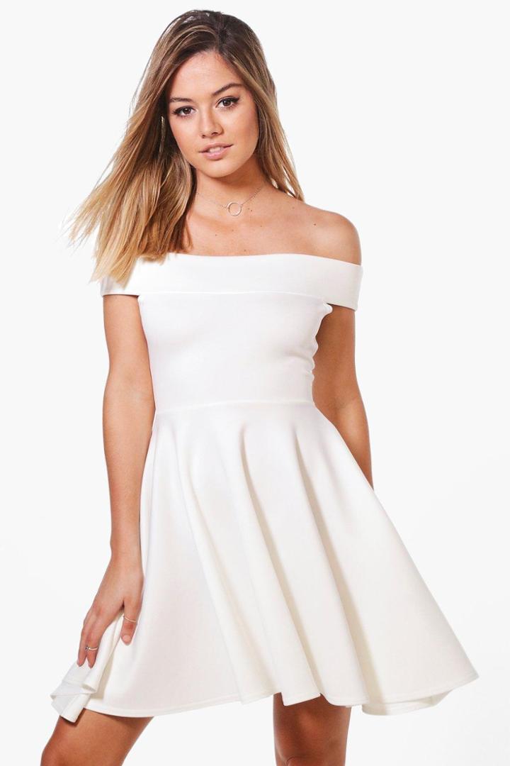 Boohoo Petite Katy Off The Shoulder Skater Dress Ivory