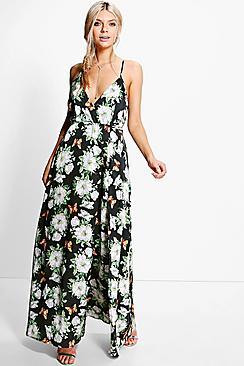 Boohoo Karlie Satin Floral Print Wrap Maxi Dress