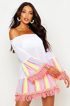 Boohoo Rainbow Pom Pom Bardot Beach Dress