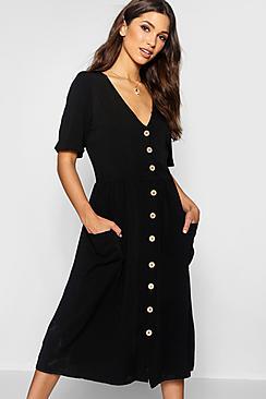 Boohoo Button Front Pocket Detail Midi Dress