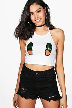 Boohoo Sadie Cactus Applique Halter Crop