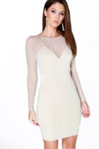 Boohoo Alessia Mesh Panelled Long Sleeve Bodycon Dress Stone
