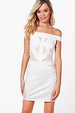 Boohoo Millie Mesh Insert Off The Shoulder Bodycon Dress