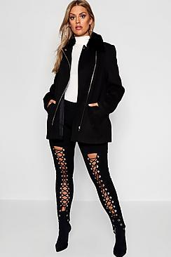 Boohoo Plus Zip Front Faux Fur Collar Coat