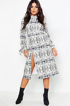 Boohoo Thigh Split High Neck Fit + Flare Midi Dress