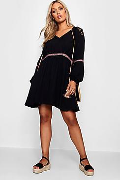 Boohoo Plus Aila Aztec Ribbon Trim Smock Dress
