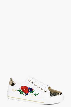 Boohoo Beth Embroidered Metallic Toe Cap Trainer