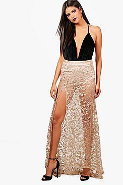 Boohoo Maya Glitter Mesh Baroque Fishtail Sheer Maxi Skirt