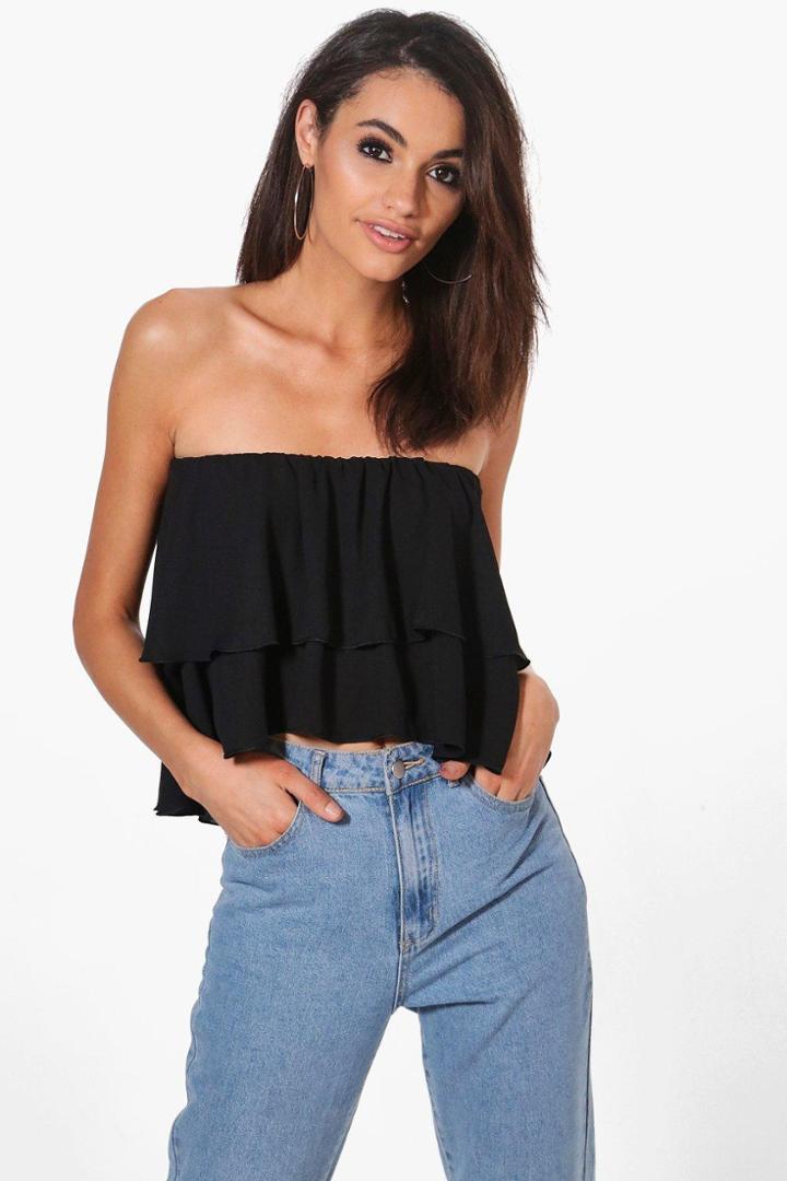 Boohoo Jade Off The Shoulder Woven Ruffle Bandeau Crop Black