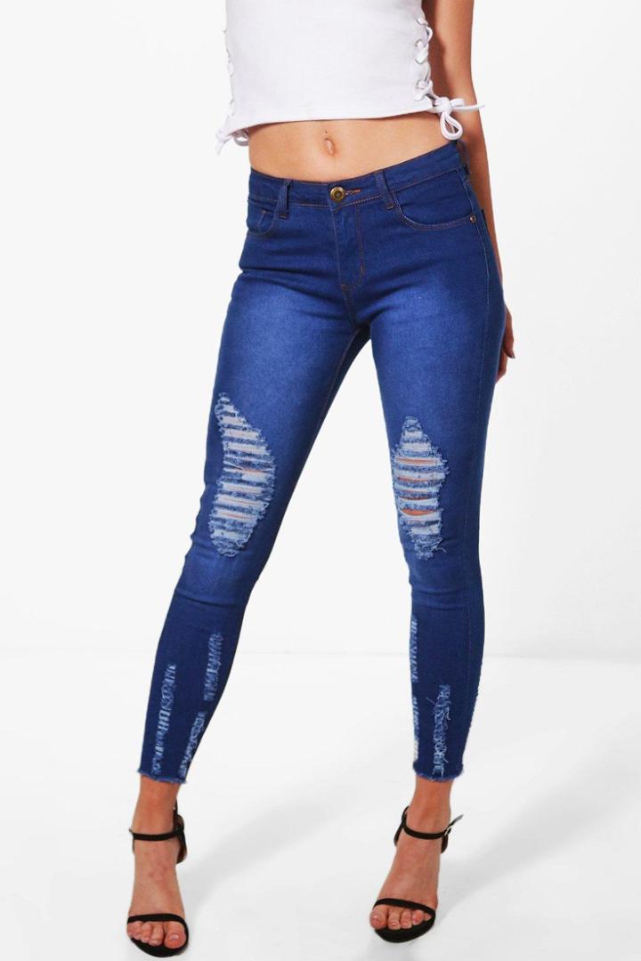 Boohoo Petite Jemima Frayed Hem And Knee Skinny Jean Blue