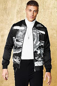 Boohoo Dragon Print Sateen Bomber Jacket