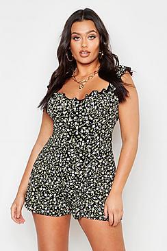 Boohoo Plus Ditsy Floral Ruched Ruffle Playsuit