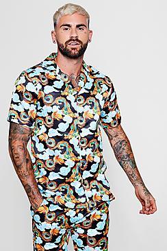 Boohoo Dragon Print Short Sleeve Revere Satin Shirt Co-ord