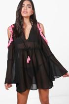 Boohoo Isla Tassel Cold Shoulder Beach Dress Black