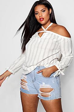 Boohoo Plus Stripe Cold Shoulder Top