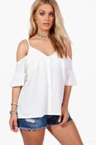 Boohoo Plus Louisa Frill Cold Shoulder Button Front Top Ivory