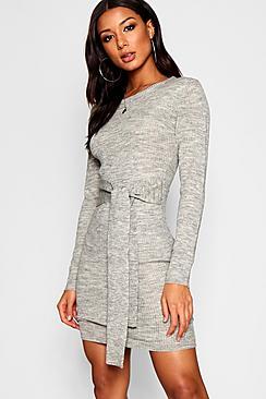 Boohoo Ribbed Belted Dress