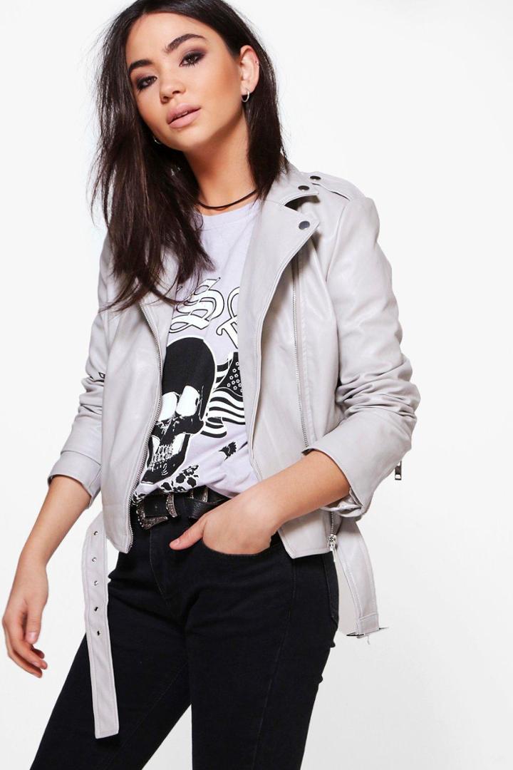 Boohoo Eloise Belted Pu Biker Jacket Grey