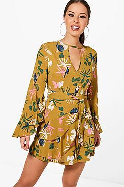 Boohoo Petite Olivia Ruffle Detail Tea Skater Dress