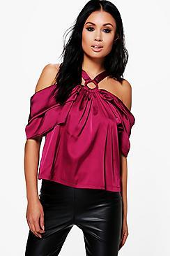 Boohoo Tia Cold Shoulder Ring Detail Satin Top