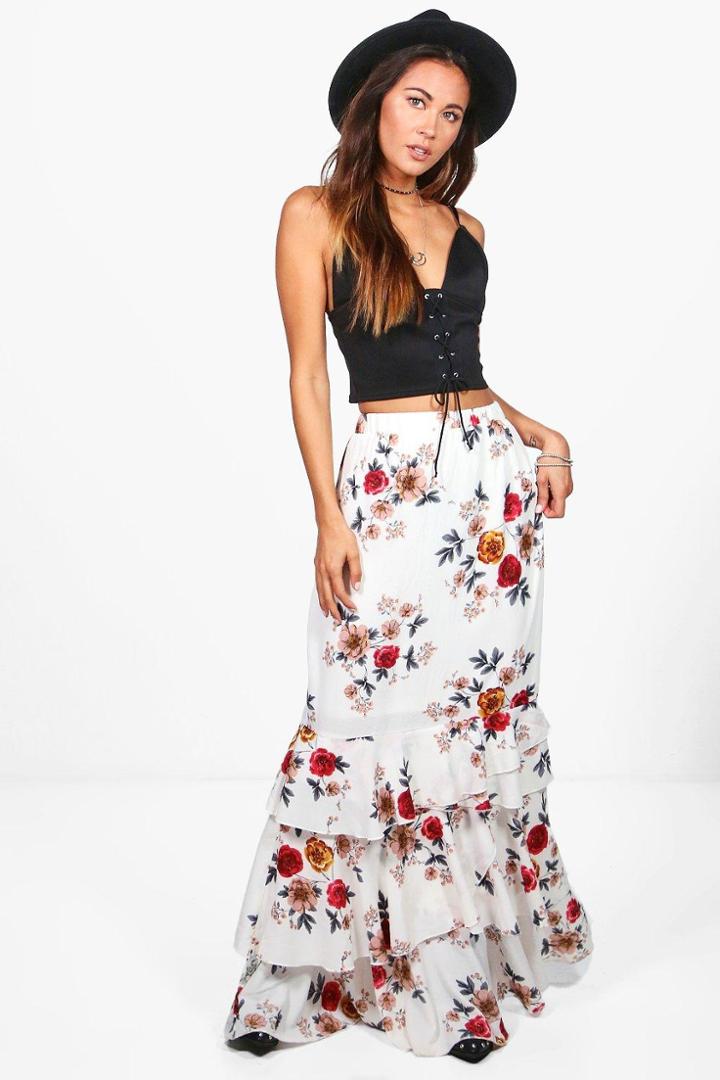 Boohoo Lola Ruffle Hem Floral Woven Maxi Skirt Ivory