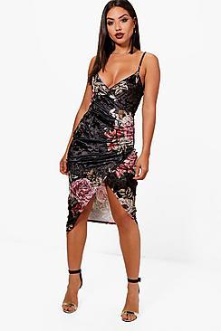 Boohoo Tes Floral Burnt Out Velvet Wrap Midi Dress