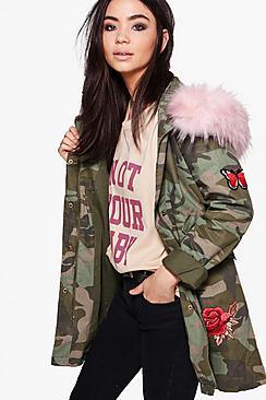 Boohoo Olivia Boutique Camo Embroidered Faux Fur Hood Parka