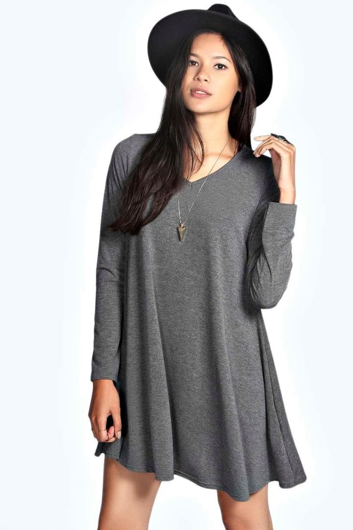 Boohoo May V Neck Long Sleeve Swing Dress Charcoal