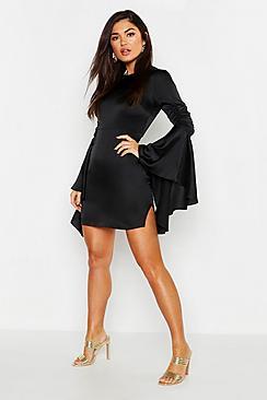 Boohoo Satin Ruched Flared Sleeve Bodycon Dress
