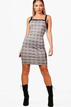 Boohoo Natalie Check Print Wide Strap Bodycon Dress