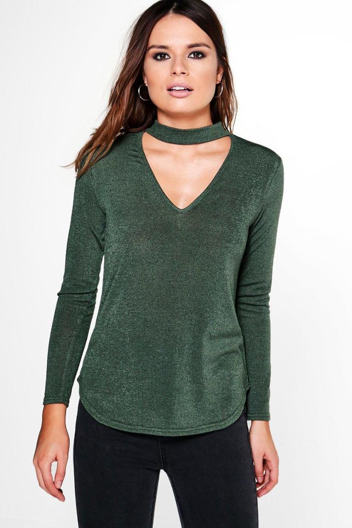 Boohoo Frances Melange Choker Knitted Top Khaki