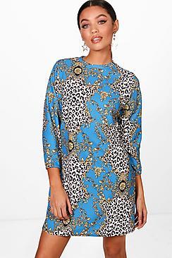 Boohoo Carol Chain & Animal Print High Neck Shift Dress
