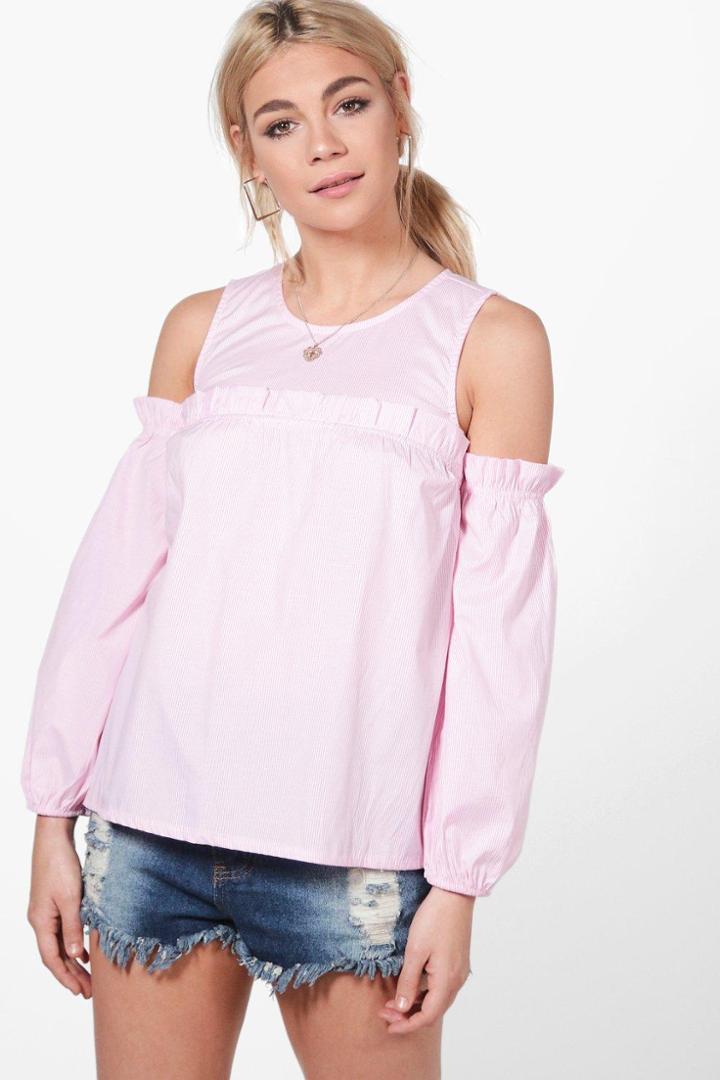 Boohoo Rebecca Cold Shoulder Stripe Ruffle Top Pink