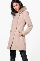 Boohoo Rebecca Faux Fur Collar Double Breasted Coat Stone