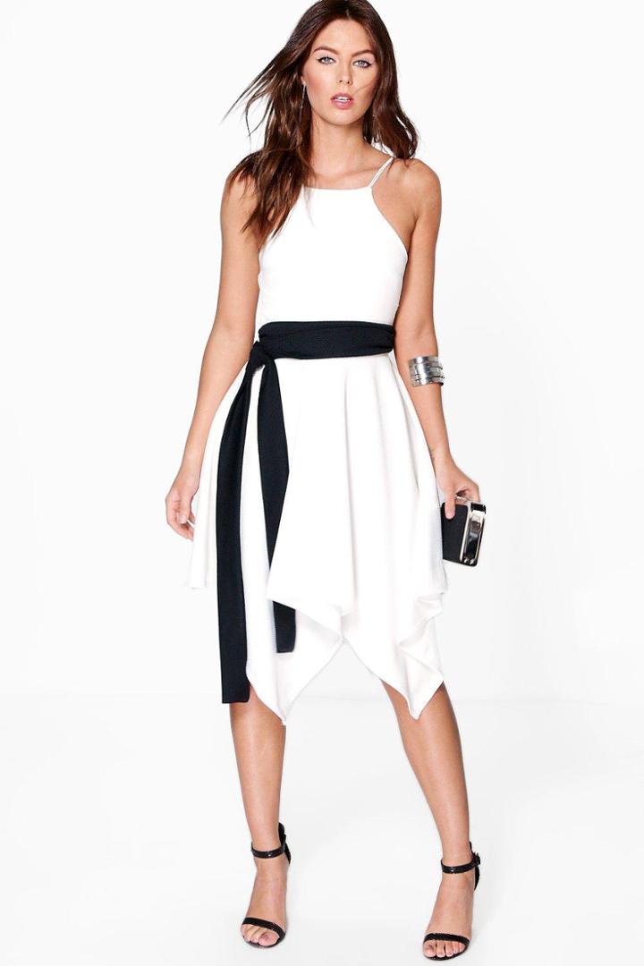Boohoo Rachel Textured Fabric Hanky Hem Skater Dress Ivory