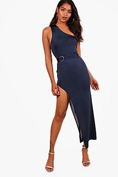 Boohoo Harley One Shoulder Tie Waist Maxi Dress