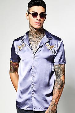 Boohoo Crane Embroidered Sateen Revere Shirt