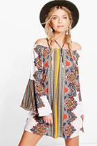 Boohoo Tisha Scarf Print Off The Shoulder Dress Multi