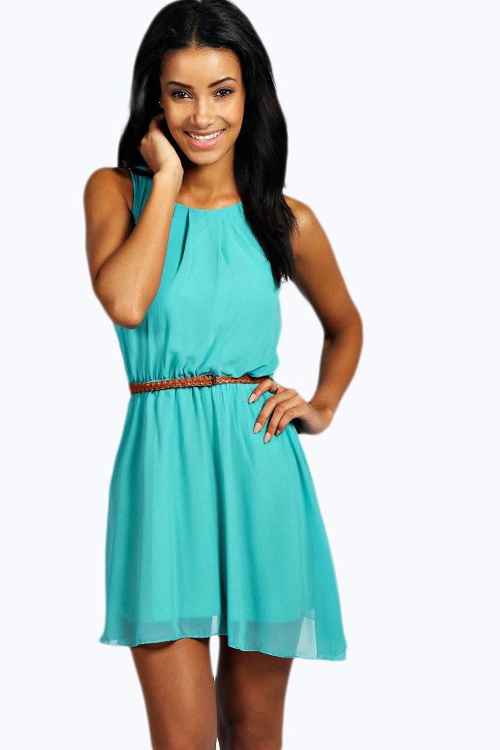 Boohoo Frankie Sleeveless Chiffon Belted Skater Dress Mint